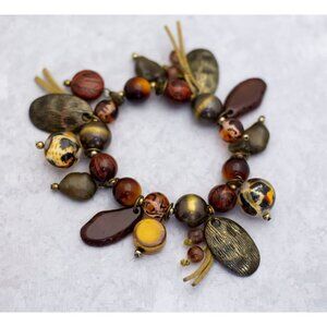 7 inch, Vintage  Bohemian Wood Plastic Metal Beaded Bracelet - CT1